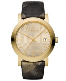 Wrapped in shimmering check patterns, this Burberry timepiece supplies endless glamour to your casual attire. Wrapped in shimmering check patterns, this Burberry timepiece supplies endless glamour to your casual attire.