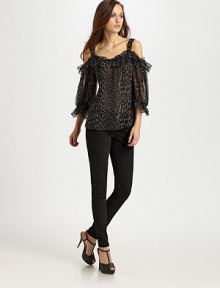 Breezy leopard-print silk hangs off the shoulders in this ruffled topper.Wide strapsOpen shouldersGathered sleevesPullover styleAbout 27 from shoulder to hemSilkDry cleanImported of USA fabric Breezy leopard-print silk hangs off the shoulders in this ruffled topper.Wide strapsOpen shouldersGathered sleevesPullover styleAbout 27 from shoulder to hemSilkDry cleanImported of USA fabric