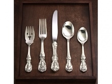 Intricately fashioned with rich scroll work and fronds, this regal pattern is an ideal choice for your formal entertaining. Dedication to old-world craftsmanship and superb design makes Reed & Barton Sterling distinctive in character and quality. Warranted for 100 years for a lifetime of enjoyment. Each 5-piece setting includes: Place Knife, Soup Spoon, Place Fork, Salad Fork and Teaspoon.Sterling Silver Flatware is not returnable or exchangeable. Intricately fashioned with rich scroll work and fronds, this regal pattern is an ideal choice for your formal entertaining. Dedication to old-world craftsmanship and superb design makes Reed & Barton Sterling distinctive in character and quality. Warranted for 100 years for a lifetime of enjoyment. Each 5-piece setting includes: Place Knife, Soup Spoon, Place Fork, Salad Fork and Teaspoon.Sterling Silver Flatware is not returnable or exchangeable.