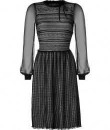 Ultra ladylike with its delicate lace-effect overlay and sheer long sleeves, Valentinos knit dress is an exquisitely elegant choice - Rounded neckline with tie, sheer long sleeves with ribbed knit cuffs, bodice and skirt with lace overlay, ruffled trim throughout, pull-over style - Fitted bodice, softly gathered skirt - Wear with flawless heels and a luxe fur coat Ultra ladylike with its delicate lace-effect overlay and sheer long sleeves, Valentinos knit dress is an exquisitely elegant choice - Rounded neckline with tie, sheer long sleeves with ribbed knit cuffs, bodice and skirt with lace overlay, ruffled trim throughout, pull-over style - Fitted bodice, softly gathered skirt - Wear with flawless heels and a luxe fur coat