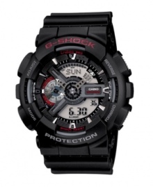 All your bases are covered with ultra-tough analog-digital watch by G-Shock. Black resin strap and round case. Red logo at bezel. Shock-resistant, magnetic-resistant analog and digital display dial features auto LED light, world time, four daily alarms, one snooze, stopwatch with speed indicator, countdown timer, home city/word time swapping function and 12/24 hour formats. Quartz movement. Water resistant to 200 meters. One-limited warranty. All your bases are covered with ultra-tough analog-digital watch by G-Shock. Black resin strap and round case. Red logo at bezel. Shock-resistant, magnetic-resistant analog and digital display dial features auto LED light, world time, four daily alarms, one snooze, stopwatch with speed indicator, countdown timer, home city/word time swapping function and 12/24 hour formats. Quartz movement. Water resistant to 200 meters. One-limited warranty.