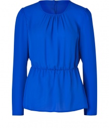 With its bright blue hue and breezy feminine cut, Theorys silk top lends an eye-catching accent to any outfit - Round neckline, long sleeves, elasticized waist, button-down back - Loosely tailored fit - Team with leather leggings and jet black accessories With its bright blue hue and breezy feminine cut, Theorys silk top lends an eye-catching accent to any outfit - Round neckline, long sleeves, elasticized waist, button-down back - Loosely tailored fit - Team with leather leggings and jet black accessories