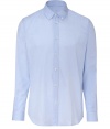 Stylish button down shirt in ultra-fine, pale blue cotton - Discreetly chic plaid pattern - Modern, slimmer cut - Small collar and button cuffs - Elegant crease detail at sleeves - A polished classic ideal for both work and play - Pair with jeans, chinos or a suit