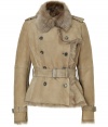 Timeless classic styling gets a chic urban remake in Burberry Londons camel shearling jacket, tailored to perfection with an impeccable short cut - Fur collar, long sleeves, belted cuffs, double-breasted buttoned front, epaulettes, gun flap, rain shield, belted waistline, belt loops, tailored fit - Pair with edgy separates and contemporary color-pop footwear
