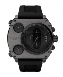 Nobody will doubt that you mean business. Watch by Diesel crafted of black silicone strap and round black ion-plated stainless steel case. Largest of three black dials features date window and three chronograph subdials and two additional smaller dials feature stick indices. Quartz movement. Water resistant to 100 meters. Two-year limited warranty.