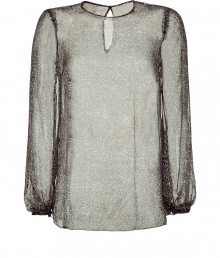Elegant top in fine, pure silk - Sheer, featherweight material drapes beautifully - Delicate, black and beige graphic print - Easy, modified tunic cut with round neck and long, full sleeves - Key hole detail and button closure at nape of neck - Hem hangs slightly longer in back - Relaxed yet chic, easily dressed up or down - Pair with leather leggings and peep toe pumps, or go for a more casual look with slim jeans and sandals Elegant top in fine, pure silk - Sheer, featherweight material drapes beautifully - Delicate, black and beige graphic print - Easy, modified tunic cut with round neck and long, full sleeves - Key hole detail and button closure at nape of neck - Hem hangs slightly longer in back - Relaxed yet chic, easily dressed up or down - Pair with leather leggings and peep toe pumps, or go for a more casual look with slim jeans and sandals