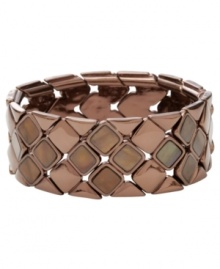 Move into neutral territory. Fossil's intricate diamond-patterned stretch bracelet comes brown ion-plated mixed metal with dyed-brown river shells. Bracelet stretches to fit wrist. Approximate diameter: 2-1/2 inches. Move into neutral territory. Fossil's intricate diamond-patterned stretch bracelet comes brown ion-plated mixed metal with dyed-brown river shells. Bracelet stretches to fit wrist. Approximate diameter: 2-1/2 inches.
