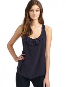 THE LOOKScoop neckline with rufflePullover styleSleevelessTHE FITAbout 27 from shoulder to hemTHE MATERIALSilkCARE & ORIGINDry clean ImportedModel shown is 5'10 (178cm) wearing US size 4. THE LOOKScoop neckline with rufflePullover styleSleevelessTHE FITAbout 27 from shoulder to hemTHE MATERIALSilkCARE & ORIGINDry clean ImportedModel shown is 5'10 (178cm) wearing US size 4.