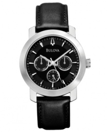 Black leather never goes out of style. This handsome timepiece from Bulova reaffirms the fact. Black leather never goes out of style. This handsome timepiece from Bulova reaffirms the fact.