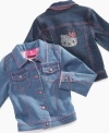 Allover sparkles on these denim jackets from Hello Kitty gives a sparkly twist to a classic look. With a Hello Kitty crown logo exclusive to Macy's!
