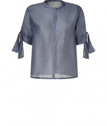 Bring refined style with an edgy twist to your wardrobe with this feminine top from Cacharel -Rounded neck, concealed front button placket, three-quarter sleeves with ribbon-detailed cuffs, ribbon trim at neckline, front, and hem, semi-sheer - Pair with high-waist skinny jeans, a boyfriend blazer, and platform booties Bring refined style with an edgy twist to your wardrobe with this feminine top from Cacharel -Rounded neck, concealed front button placket, three-quarter sleeves with ribbon-detailed cuffs, ribbon trim at neckline, front, and hem, semi-sheer - Pair with high-waist skinny jeans, a boyfriend blazer, and platform booties