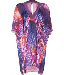 Make a radiant seaside debut in Matthew Williamson Escapes graphic palm print short silk kaftan - V-neckline, draped short sleeves, slit at nape, longer back - Loosely fitted - Team with statement sandals and a dusting of polished jewelry