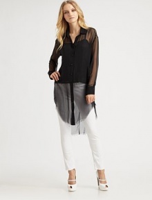A longer take on the classic button-down, crafted from ultra-sheer silk chiffon and finished with a raw edge hem.Double point collarDropped shouldersButton-down placketCenter back zipperButton cuffsAbout 39 from shoulder to hemSilkDry cleanMade in USA of imported fabricModel shown is 5'9 (175cm) wearing US size Small. A longer take on the classic button-down, crafted from ultra-sheer silk chiffon and finished with a raw edge hem.Double point collarDropped shouldersButton-down placketCenter back zipperButton cuffsAbout 39 from shoulder to hemSilkDry cleanMade in USA of imported fabricModel shown is 5'9 (175cm) wearing US size Small.