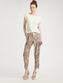 Classic trousers get a touch of feminine chic in printed silk with a hint of stretch.Wide waistband with belt loopsFront zip with hook-and-bar closureInverted pleatsSide slash pocketsBack slash pocketsCuffed legsRise, about 10Inseam, about 2995% silk/5% spandexDry cleanImportedModel shown is 5'10 (177cm) wearing US size 4. Classic trousers get a touch of feminine chic in printed silk with a hint of stretch.Wide waistband with belt loopsFront zip with hook-and-bar closureInverted pleatsSide slash pocketsBack slash pocketsCuffed legsRise, about 10Inseam, about 2995% silk/5% spandexDry cleanImportedModel shown is 5'10 (177cm) wearing US size 4.