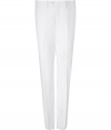 Stylish pant in fine, white cotton and linen blend - Lightweight and soft, feels great against the skin - Slim, narrow cut - Crease detail extends from upper thigh to hem, elongating the silhouette - Tab waist with belt loops and zip fly - Two slit pockets at front, single slit pocket with button at back - A modern, sophisticated classic ideal for work or leisure - Pair with a polo shirt and retro trainers or style with a blazer and dressier lace-ups