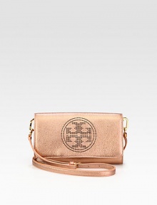 Stunning metallic pebbled leather with an iconic, perforated logo emblem and versatile detachable strap.Detachable adjustable shoulder strap, 20½-22½ dropMagnetic snap flap closureOne inside open pocketCotton lining8W X 4½H X 1½DImported Stunning metallic pebbled leather with an iconic, perforated logo emblem and versatile detachable strap.Detachable adjustable shoulder strap, 20½-22½ dropMagnetic snap flap closureOne inside open pocketCotton lining8W X 4½H X 1½DImported