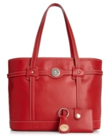 Designed for the diva who doesn't travel light, this ultra-spacious tote from Dooney & Bourke stashes all your essentials in style. Crafted of luxe leather with refined detailing, it comes with a complementary mini wallet and key chain. Designed for the diva who doesn't travel light, this ultra-spacious tote from Dooney & Bourke stashes all your essentials in style. Crafted of luxe leather with refined detailing, it comes with a complementary mini wallet and key chain.