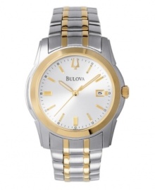Complement his classic taste with this extraordinary, two-tone stainless steel bracelet watch. Features a crisp white dial with goldtone bezel and markers. Three-hand movement and date display. Water resistant to 30 meters. Three-year limited warranty. Complement his classic taste with this extraordinary, two-tone stainless steel bracelet watch. Features a crisp white dial with goldtone bezel and markers. Three-hand movement and date display. Water resistant to 30 meters. Three-year limited warranty.