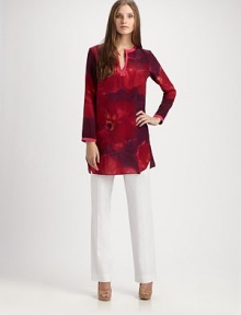Supple silk in an easy-to-wear silhouette, printed with a vibrant floral pattern.Vented jewel neckline with contrast trimLong sleeves with contrast trim cuffsVented asymmetrical hemlineSilkDry cleanMade in Italy of imported fabricModel shown is 5'10 (177cm) wearing US size 4. Supple silk in an easy-to-wear silhouette, printed with a vibrant floral pattern.Vented jewel neckline with contrast trimLong sleeves with contrast trim cuffsVented asymmetrical hemlineSilkDry cleanMade in Italy of imported fabricModel shown is 5'10 (177cm) wearing US size 4.