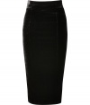 Finish your look on an impossibly feminine note with LWren Scotts jet black velvet pencil skirt - Hidden metal back zip, paneled construction, kick pleat - Exquisitely flattering figure-hugging fit - Pair with silk tops and platform pumps for a seamless transition from work to cocktails