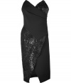 With a glamorous mix of sequins and immaculate modern tailoring, Donna Karans bustier dress is an exquisite choice perfect for your most festive evening affairs - Strapless, wrapped bodice and skirt with front slit, pleat detailed back, hidden back zip - Form-fitting - Wear with a dusting of fine jewelry and immaculately styled black accessories