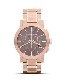 Crafted of brushed stainless steel with a rose gold finish, this round watch from Burberry is a sleek yet sophisticated piece of hardware. Crafted of brushed stainless steel with a rose gold finish, this round watch from Burberry is a sleek yet sophisticated piece of hardware.