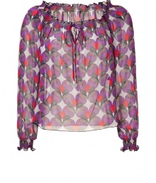 With a vibrant print and a boho-luxe fit, this silk top from Anna Sui is a new season essential buy -Shirred scoop neck with drawstring, long sleeves with shirred cuffs, relaxed fit, semi-sheer, all-over print - Pair with high-wasited flares, platform sandals, and a floppy hat With a vibrant print and a boho-luxe fit, this silk top from Anna Sui is a new season essential buy -Shirred scoop neck with drawstring, long sleeves with shirred cuffs, relaxed fit, semi-sheer, all-over print - Pair with high-wasited flares, platform sandals, and a floppy hat