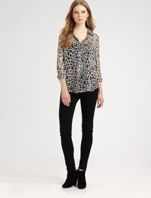 Featherweight silk shirt in a perennially chic leopard print. Point collarHidden button frontLong sleeves with buttoned cuffsShirttail hem hits below the hipsSilkDry cleanImportedModel shown is 5'10 (177cm) wearing US size Small. Featherweight silk shirt in a perennially chic leopard print. Point collarHidden button frontLong sleeves with buttoned cuffsShirttail hem hits below the hipsSilkDry cleanImportedModel shown is 5'10 (177cm) wearing US size Small.