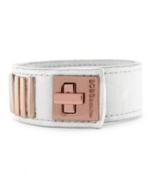Lock up chic season style! BCBGeneration's trendy turnlock cuff bracelet features crisp hues and rosy tones in white PVC and rose-gold tone mixed metal. Approximate length: 8-1/2 inches. Lock up chic season style! BCBGeneration's trendy turnlock cuff bracelet features crisp hues and rosy tones in white PVC and rose-gold tone mixed metal. Approximate length: 8-1/2 inches.