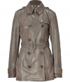 With its ultra soft dark sable lambskin and iconic classic styling, Burberry Brits timeless trench has never felt so luxurious - Latched collar, epaulettes, long sleeves with belted cuffs, double-breasted front button placket, belted waistline, fitted silhouette - Pair with urban-cool knitwear and sharply tailored trousers