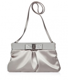 Lovely ice grey sateen clutch with bow by Ferragamo - This evening bag will add elegance to your party-ready looks - Draped sateen with logo-detailed top snap closure - Style with a shimmery cocktail dress and embellished heels Lovely ice grey sateen clutch with bow by Ferragamo - This evening bag will add elegance to your party-ready looks - Draped sateen with logo-detailed top snap closure - Style with a shimmery cocktail dress and embellished heels