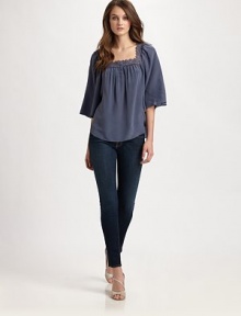 Supple matte silk skims the body in this billowing topper trimmed with delicate eyelet at the neck.Square necklineEyelet yokeFront half placketThree-quarter sleevesAbout 26 from shoulder to hemSilkDry cleanImportedModel shown is 5'10 (177cm) wearing US size 4. Supple matte silk skims the body in this billowing topper trimmed with delicate eyelet at the neck.Square necklineEyelet yokeFront half placketThree-quarter sleevesAbout 26 from shoulder to hemSilkDry cleanImportedModel shown is 5'10 (177cm) wearing US size 4.