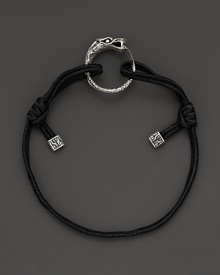 Eastern elements inform John Hardy's dragon head bracelet. It features a cotton cord band with an adjustable sliding closure. Eastern elements inform John Hardy's dragon head bracelet. It features a cotton cord band with an adjustable sliding closure.