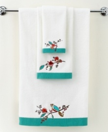Featuring the blossoming branches of the whimsical dinnerware pattern, the Chirp embroidered hand towel from Lenox Simply Fine brings the beauty of the outdoors right inside your bath. Featuring pure cotton embellished with embroidery detail and bold teal border. Featuring the blossoming branches of the whimsical dinnerware pattern, the Chirp embroidered hand towel from Lenox Simply Fine brings the beauty of the outdoors right inside your bath. Featuring pure cotton embellished with embroidery detail and bold teal border.