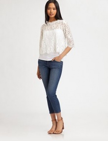 Romantic lace confection has a scalloped hi-low hem, frayed trim and back button closures. Frayed boatneckFrayed three-quarter sleevesScalloped, frayed hi-low hemBack button closures58% nylon/42% cottonDry cleanImportedModel shown is 5'10 (177cm) wearing US size Small. Romantic lace confection has a scalloped hi-low hem, frayed trim and back button closures. Frayed boatneckFrayed three-quarter sleevesScalloped, frayed hi-low hemBack button closures58% nylon/42% cottonDry cleanImportedModel shown is 5'10 (177cm) wearing US size Small.