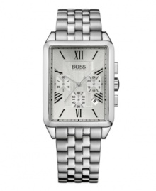 A timeless watch, a classic mark of style. Hugo Boss watch crafted of stainless steel bracelet and rectangular case. Silver tone sunray chronograph dial features black Roman numerals, minute track, date window, three subdials, three hands and logo. Quartz movement. Water resistant to 30 meters. Two-year limited warranty. A timeless watch, a classic mark of style. Hugo Boss watch crafted of stainless steel bracelet and rectangular case. Silver tone sunray chronograph dial features black Roman numerals, minute track, date window, three subdials, three hands and logo. Quartz movement. Water resistant to 30 meters. Two-year limited warranty.