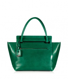 With a regal shade of emerald green and clever handle slot, Jil Sanders smooth leather tote is an exquisitely chic choice - Double top handles with engraved logo luggage tag attached, zippered front slit pocket, inside cinch strap, black leather interior, zippered back wall slit pocket, front wall slit pocket and card slots - An immaculate way to add color into your outfit