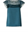 Work a feminine edge into your workweek looks with DKNYs ultra romantic satin and sheer silk top - Round neckline, buttoned slit at nape, draped cap sleeves, satin body, sheer yolk - Loosely draped fit - Team with tailored separates and sleek leather accessories
