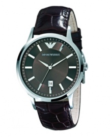 Bold-faced style around the clock. This Emporio Armani watch features a dark brown embossed leather strap with a round stainless steel case. Brown dial with silvertone logo, stick indices and three hands. Date window at six o'clock. Quartz movement. Water resistant to 30 meters. Two-year limited warranty. Bold-faced style around the clock. This Emporio Armani watch features a dark brown embossed leather strap with a round stainless steel case. Brown dial with silvertone logo, stick indices and three hands. Date window at six o'clock. Quartz movement. Water resistant to 30 meters. Two-year limited warranty.