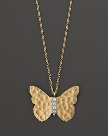 Diamonds lend sparkle to this hammered 14K yellow gold butterfly pendant necklace from Meira T. Diamonds lend sparkle to this hammered 14K yellow gold butterfly pendant necklace from Meira T.