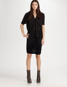 Delicate ruching and a sheer, silk chiffon front panel lend a modern look to this soft, artfully draped silhouette.V necklineShort sleevesSheer, ruched front panelAsymmetrical hemlineBack drape65% cotton/35% silkDry cleanMade in Italy of imported fabricModel shown is 5'11 (180cm) wearing US size 4. Delicate ruching and a sheer, silk chiffon front panel lend a modern look to this soft, artfully draped silhouette.V necklineShort sleevesSheer, ruched front panelAsymmetrical hemlineBack drape65% cotton/35% silkDry cleanMade in Italy of imported fabricModel shown is 5'11 (180cm) wearing US size 4.