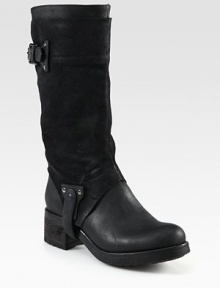 Buckle straps top this pebbled leather and suede silhouette, dripping with edgy style. Stacked heel, 2 (50mm)Stacked platform, ½ (15mm)Compares to a 1½ heel (40mm)Shaft, 11¾Leg circumference, 13½Leather and suede upperPull-on style with adjustable buckle strapsLeather liningRubber solePadded insoleImported Buckle straps top this pebbled leather and suede silhouette, dripping with edgy style. Stacked heel, 2 (50mm)Stacked platform, ½ (15mm)Compares to a 1½ heel (40mm)Shaft, 11¾Leg circumference, 13½Leather and suede upperPull-on style with adjustable buckle strapsLeather liningRubber solePadded insoleImported