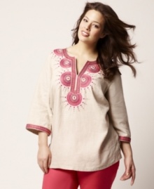Charming embroidery lends global flair to Charter Club's three-quarter sleeve plus size tunic top, crafted from linen. Charming embroidery lends global flair to Charter Club's three-quarter sleeve plus size tunic top, crafted from linen.