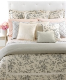 A detailed toile print of cherry blossoms and branches cascades over a sumptuous cream ground in the Saint Honore comforter. Streamlined piping and a frame of grosgrain ribbon finishes this traditional look with a touch of modern romance. Reverses to a subtle houndstooth print for an impressive transformation in style. A detailed toile print of cherry blossoms and branches cascades over a sumptuous cream ground in the Saint Honore comforter. Streamlined piping and a frame of grosgrain ribbon finishes this traditional look with a touch of modern romance. Reverses to a subtle houndstooth print for an impressive transformation in style.