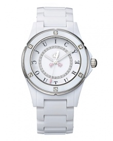 Style is on the forefront from Juicy. The round white watch has a white bracelet and stainless steel closure. Swarovski® crystal markers on the bezel. Iconic white dial with Swarovski® crystal track. Style is on the forefront from Juicy. The round white watch has a white bracelet and stainless steel closure. Swarovski® crystal markers on the bezel. Iconic white dial with Swarovski® crystal track.