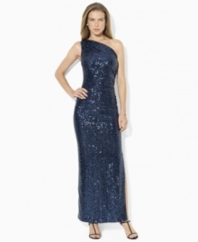 The eye-catching glimmer of sequins lights up Lauren Ralph Lauren's timeless one-shoulder dress with elegant ruching at the left waist.