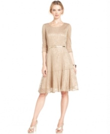 Evan Picone's sweet A-line lace dress gets a bright boost from a touch of metallic and a removable belt. Evan Picone's sweet A-line lace dress gets a bright boost from a touch of metallic and a removable belt.