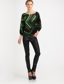 A perfect mix of modern and romantic, with a striking geometric print and easy, peasant-style silhouette.BoatneckThree-quarter sleeves with gathered cuffsElasticized waistbandPull-on style95% silk/5% spandexDry cleanImportedModel shown is 5'9½ (176cm) wearing US size Small. A perfect mix of modern and romantic, with a striking geometric print and easy, peasant-style silhouette.BoatneckThree-quarter sleeves with gathered cuffsElasticized waistbandPull-on style95% silk/5% spandexDry cleanImportedModel shown is 5'9½ (176cm) wearing US size Small.