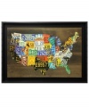 See the country. A collage of license plates, this enormous map-turned-wall art depicts the continental USA on a ground of dark wood.