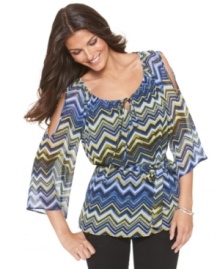 No way you'll get the cold shoulder in NY Collection's hot split-sleeve top! The bright zigzag print gives it graphic appeal. No way you'll get the cold shoulder in NY Collection's hot split-sleeve top! The bright zigzag print gives it graphic appeal.